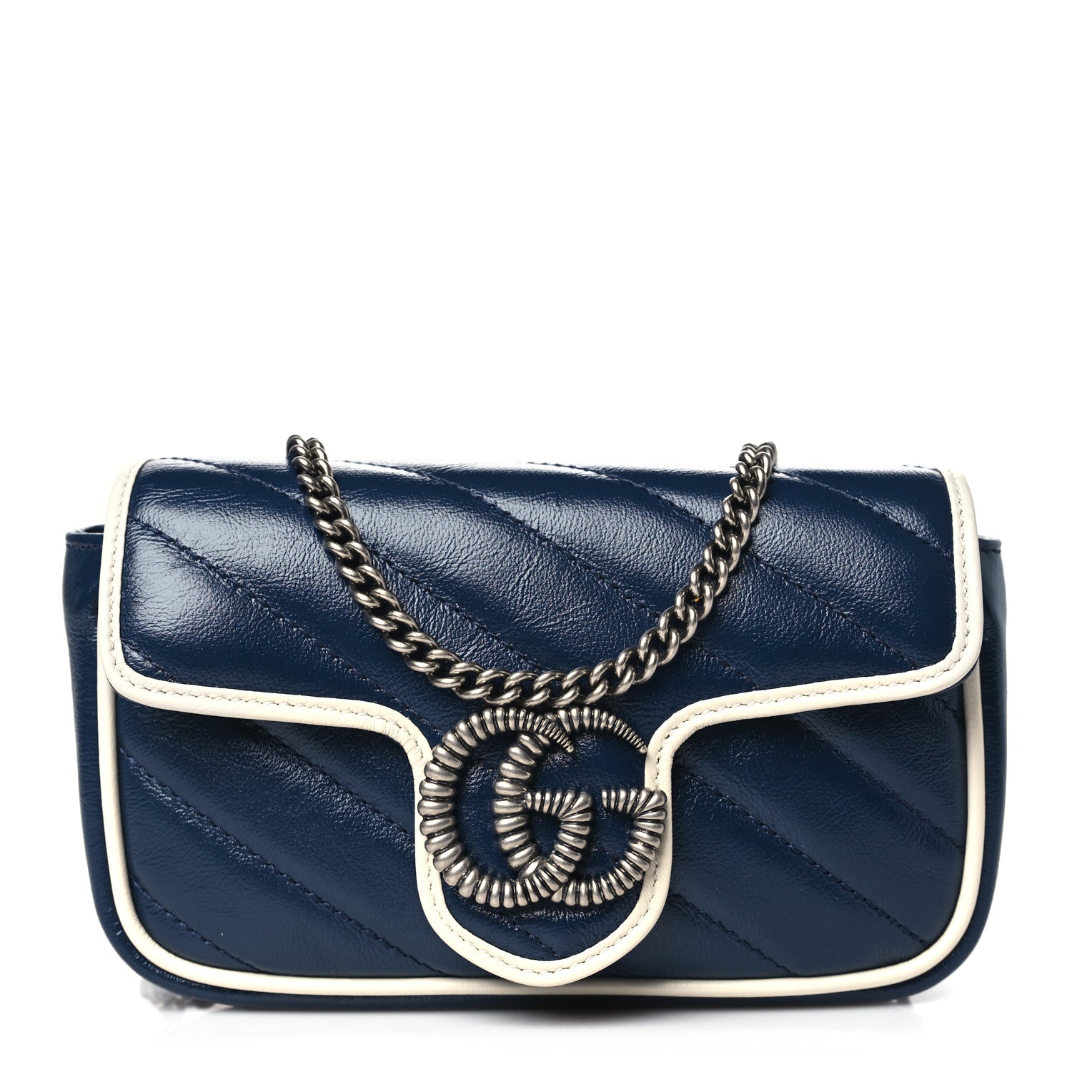 Gucci Vintage Effect Calfskin Matelasse Diagonal Super Mini Torchon GG Marmont Shoulder Bag Blue Agata Mystic White 1 of 10