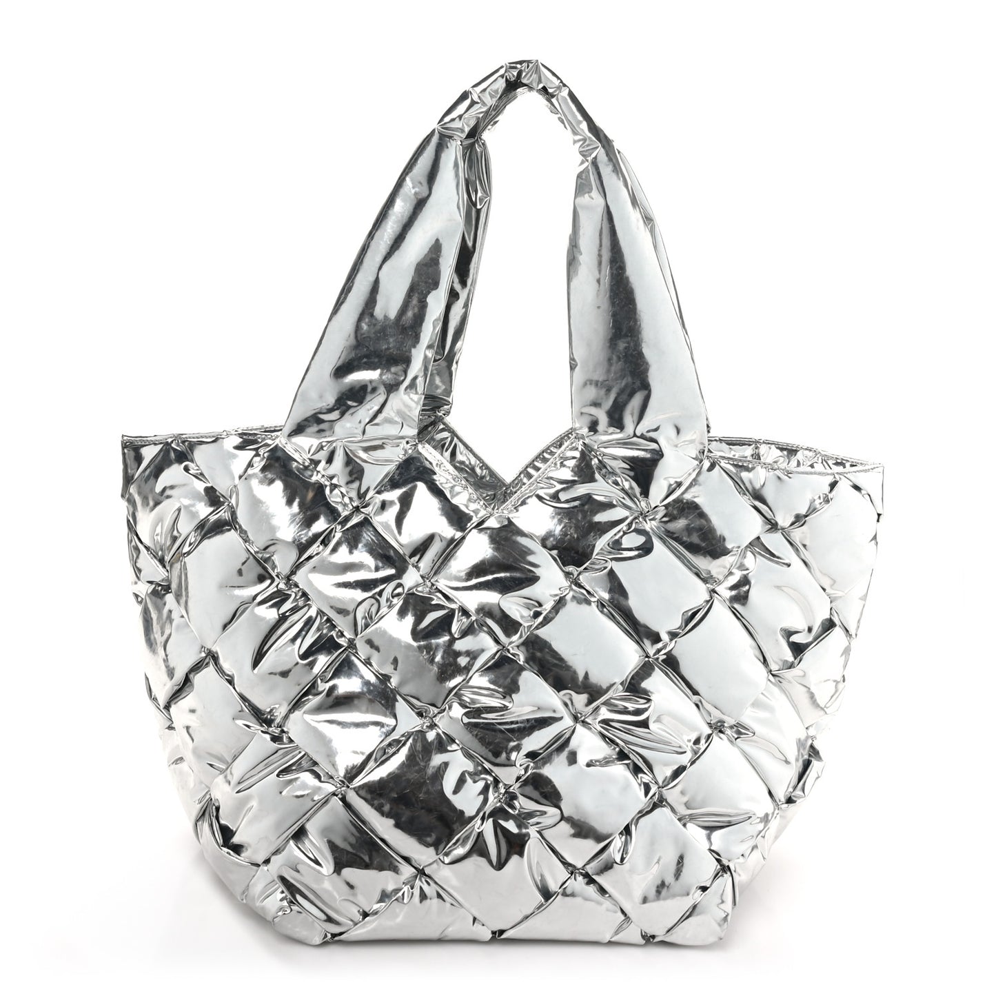 Metallic Calfskin Maxi Intrecciato Padded Cassette Tote Silver