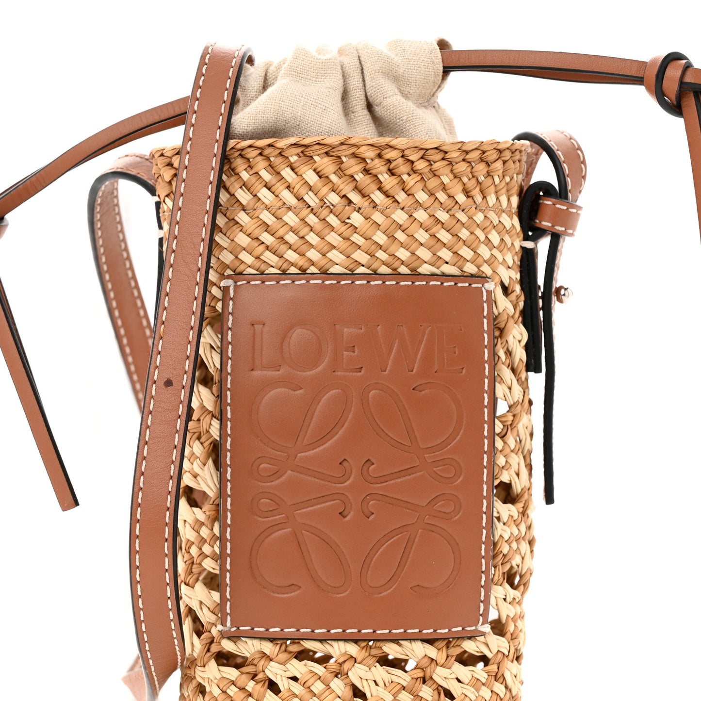 Calfskin Raffia Paula's Ibiza Pocket Bucket Bag Natural Tan
