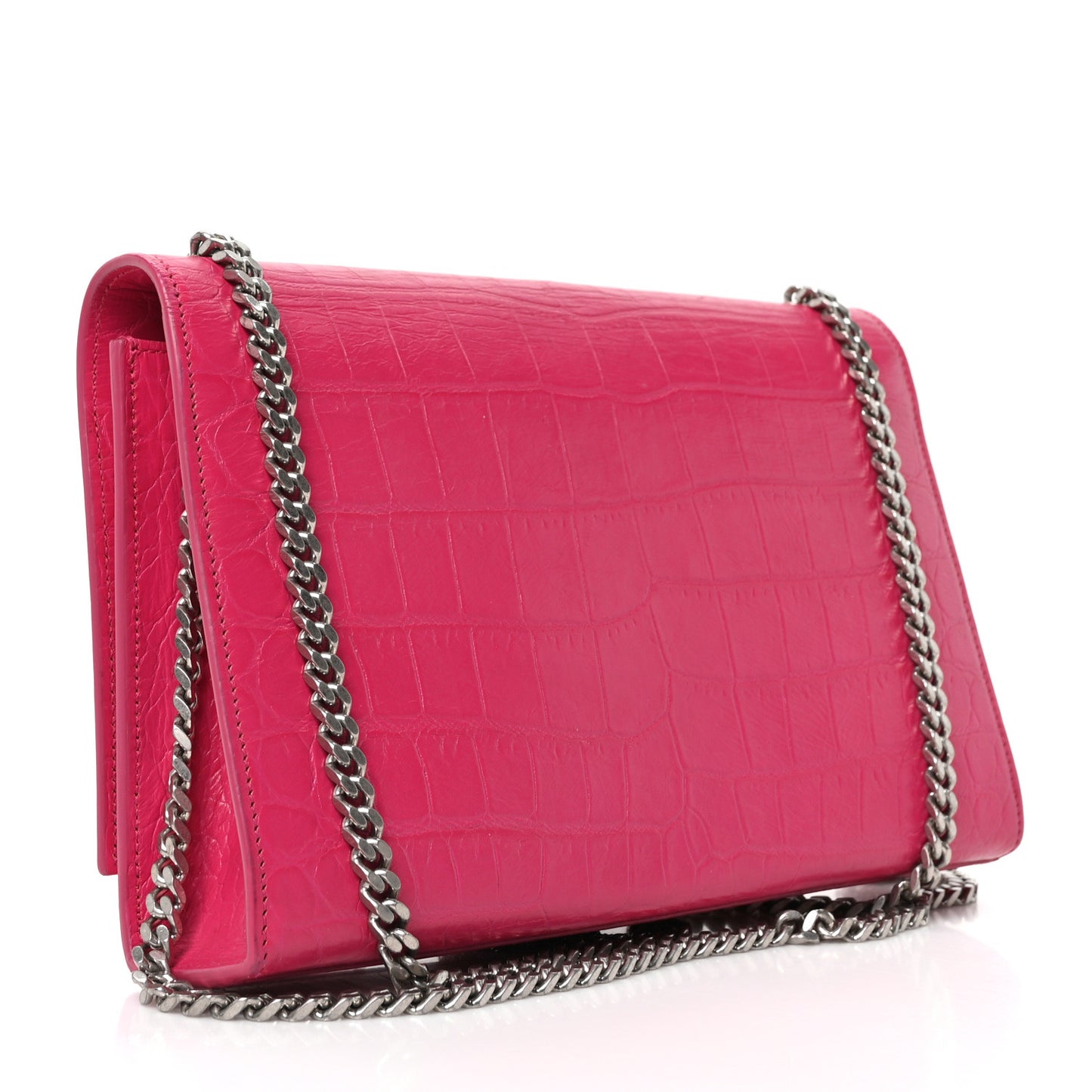 Calfskin Crocodile Embossed Medium Classic Monogram Kate Tassel Satchel Fuchsia