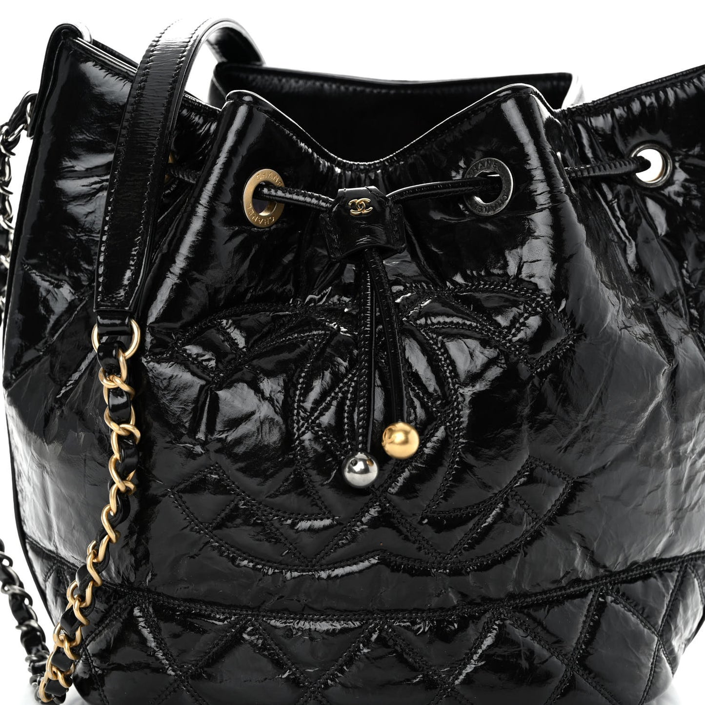 Shiny Aged Calfskin CC Chain Drawstring Bag Black