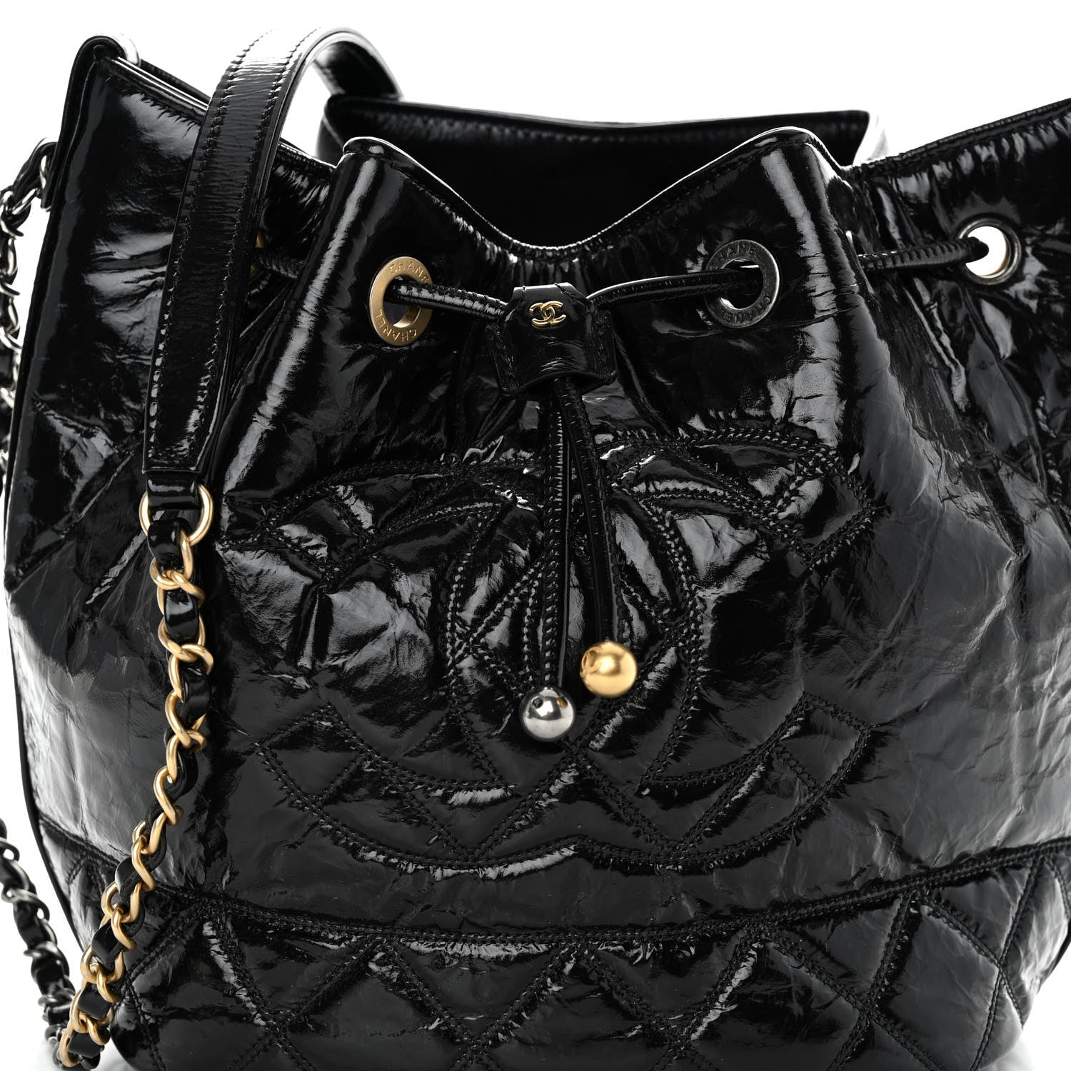 Chanel Shiny Aged Calfskin CC Chain Drawstring Bag Black 8 of 10