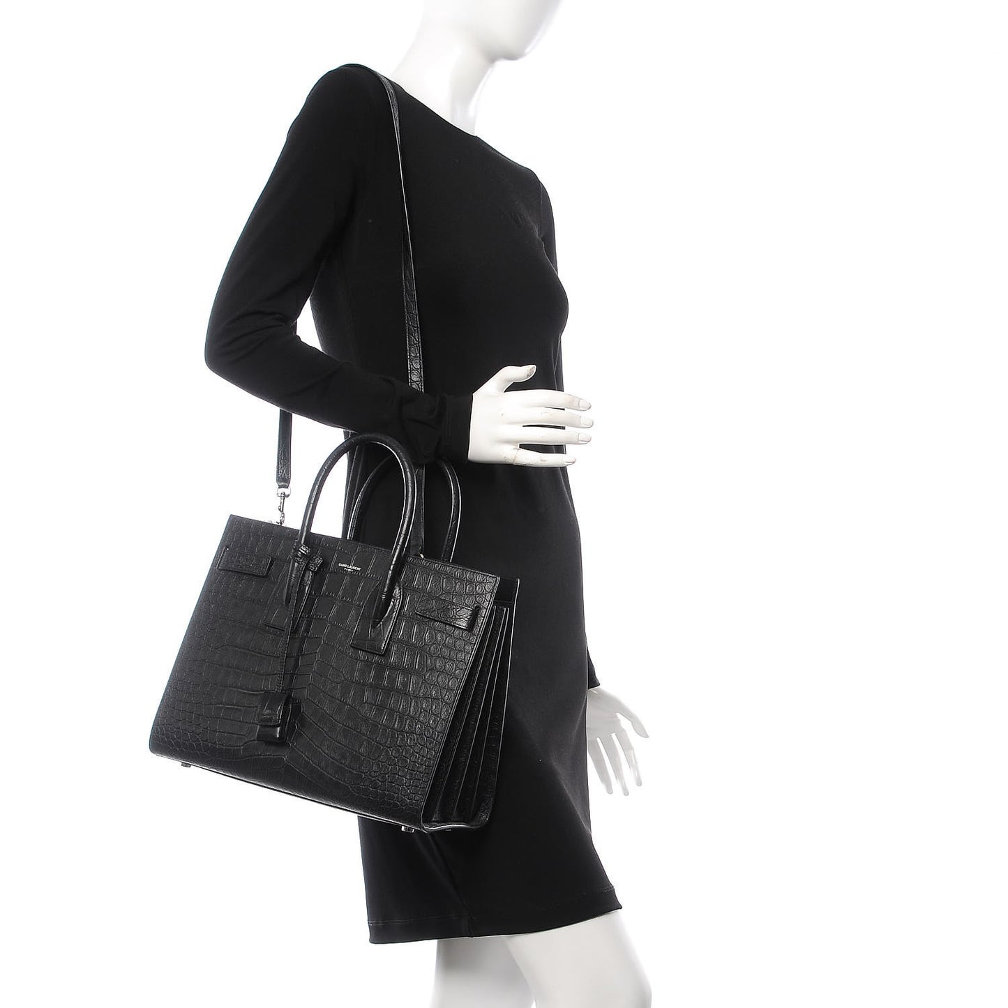 Calfskin Crocodile Embossed Small Sac de Jour Black