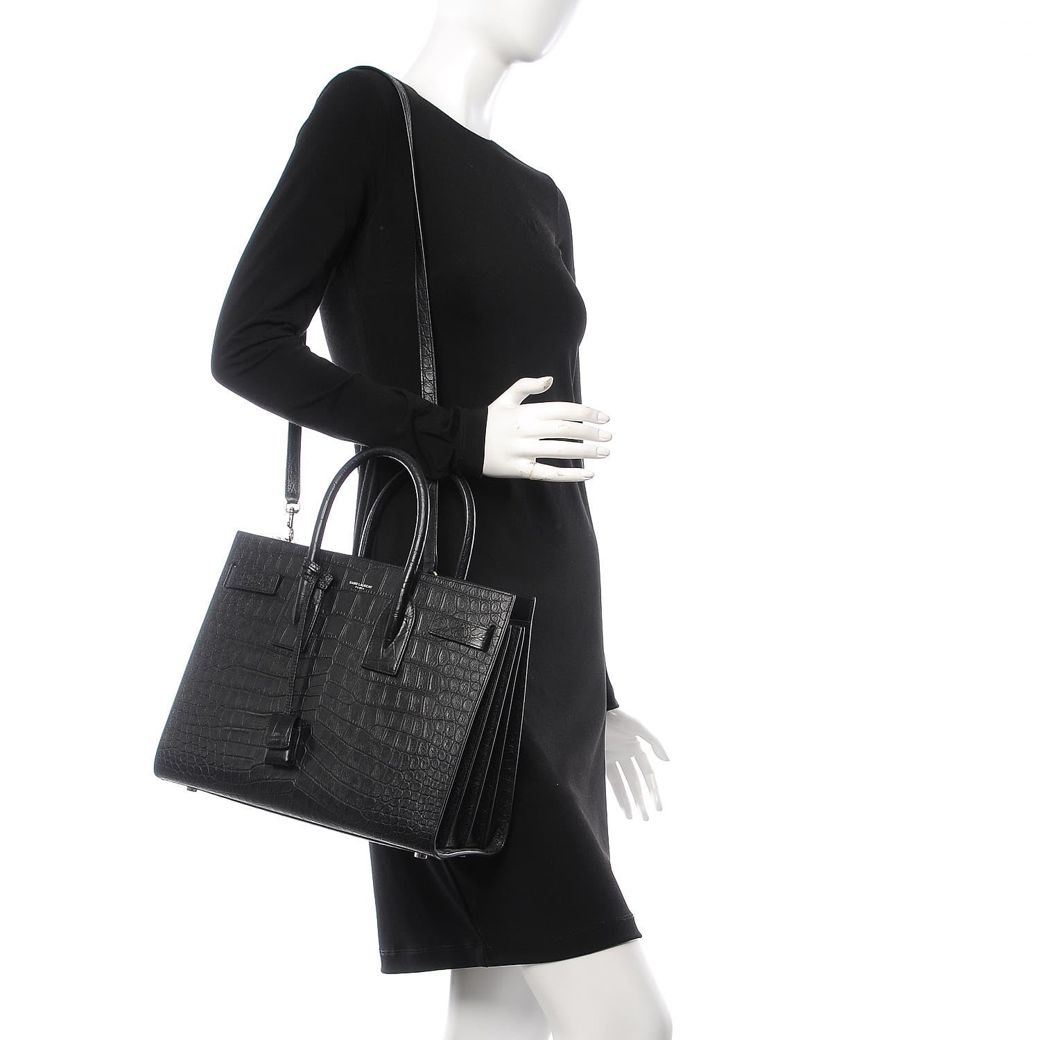 Saint Laurent Calfskin Crocodile Embossed Small Sac de Jour Black 2 of 7
