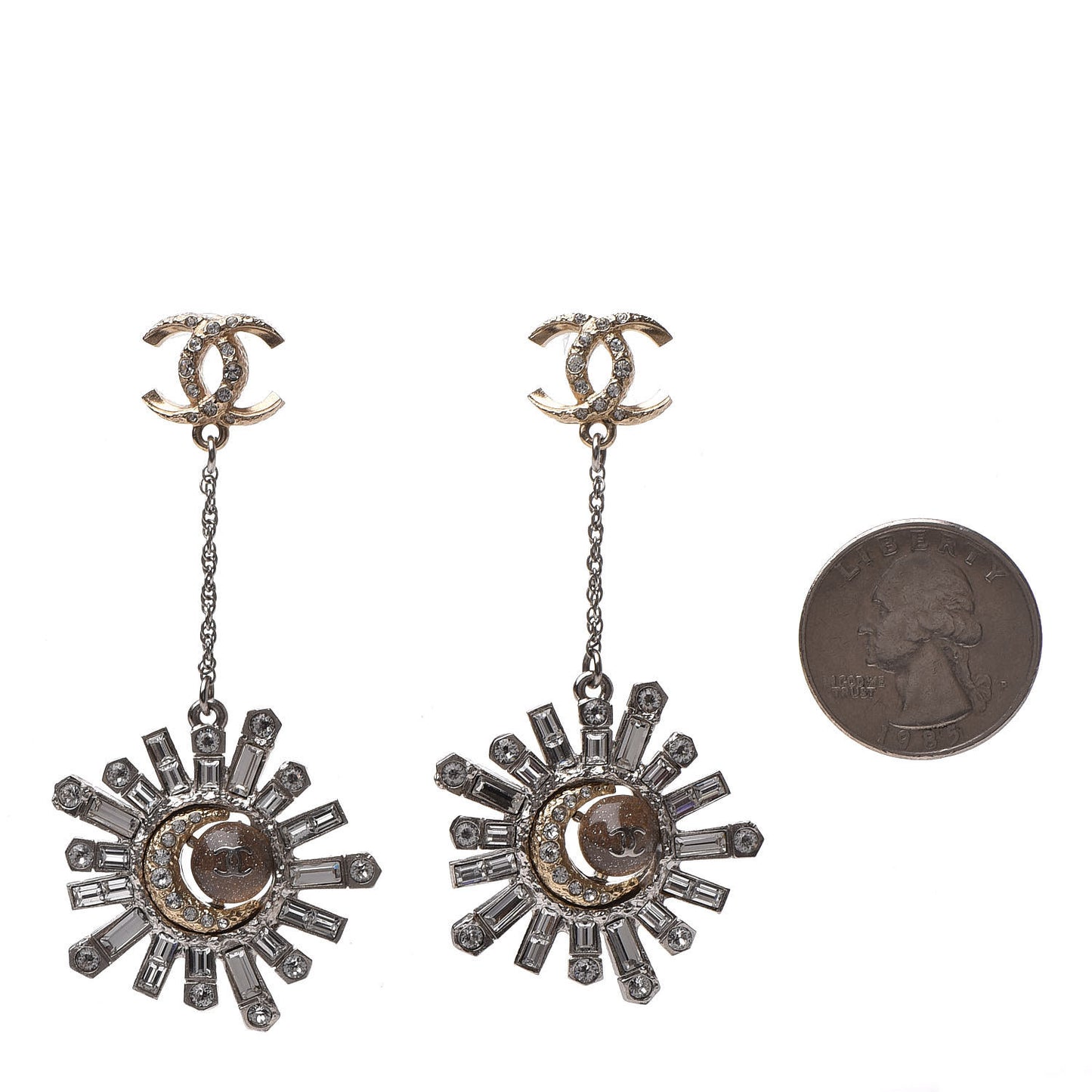 Baguette Crystal Moon CC Dangle Earrings Gold Silver