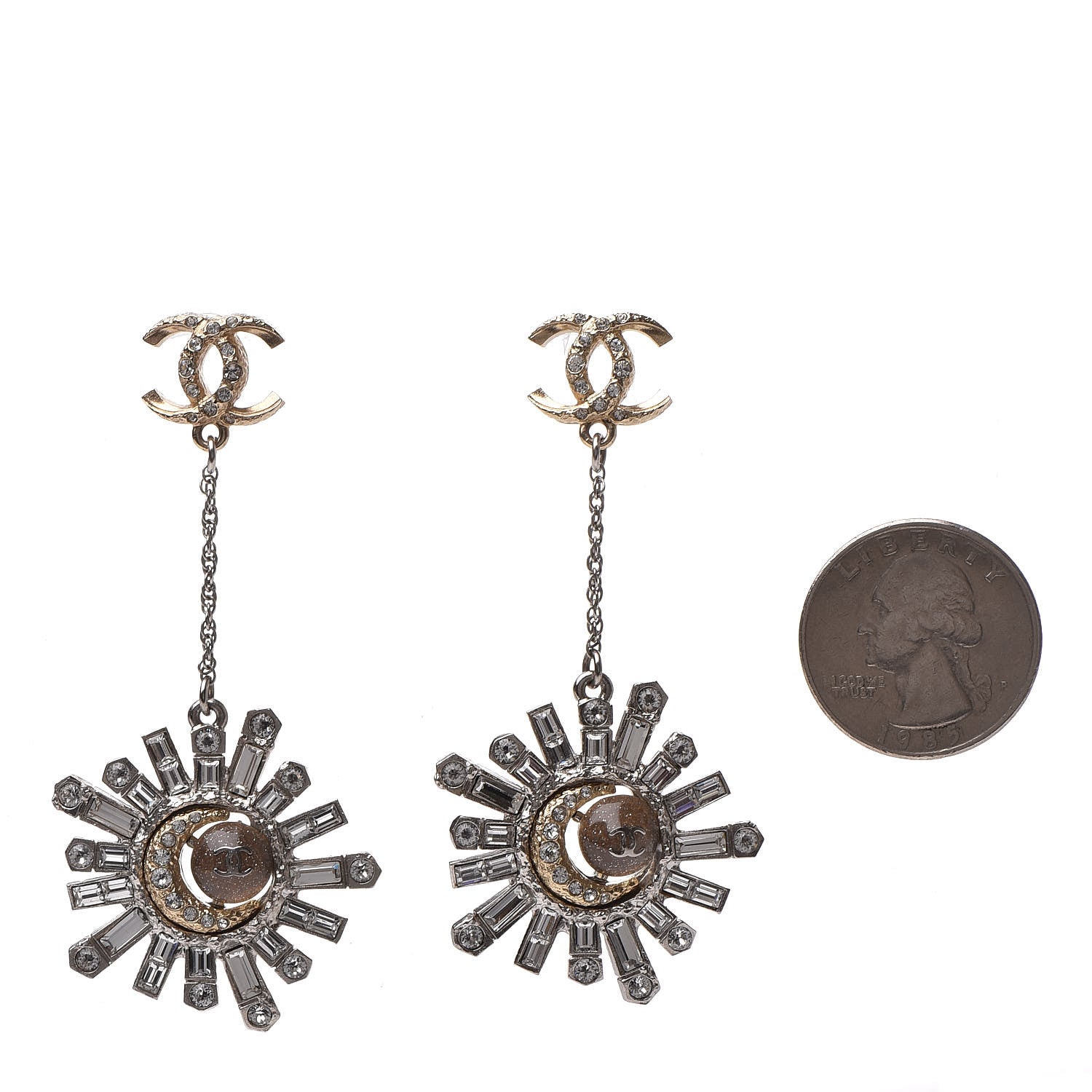 Chanel Baguette Crystal Moon CC Dangle Earrings Gold Silver 2 of 4