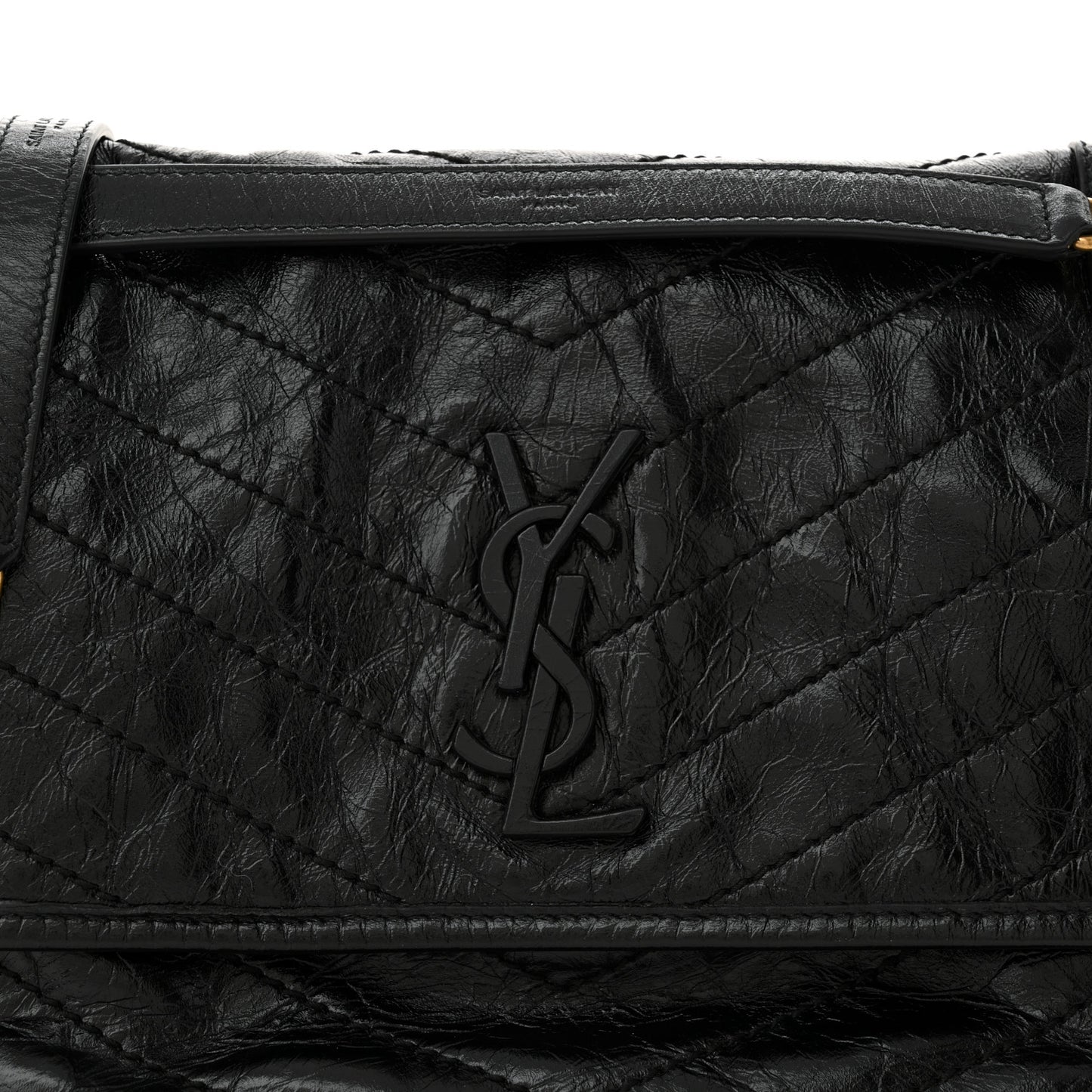 Crinkled Calfskin Matelasse Monogram Medium Niki Chain Satchel Black