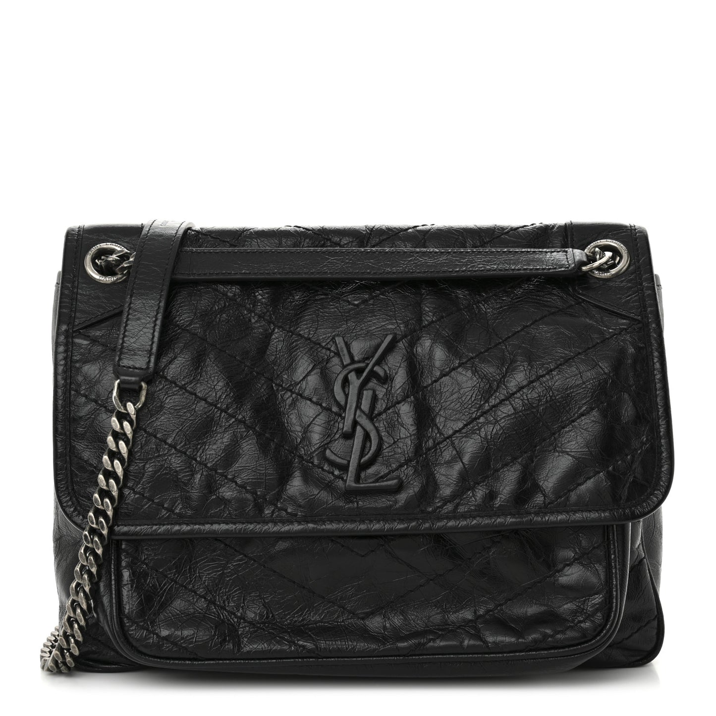Crinkled Calfskin Matelasse Monogram Medium Niki Chain Satchel Black