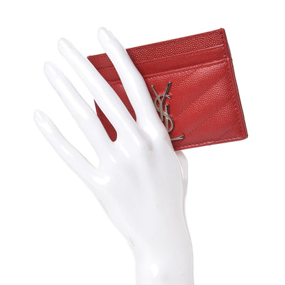 Saint Laurent Grain De Poudre Matelasse Chevron Monogram Credit Card Case Rouge Eros 2 of 12