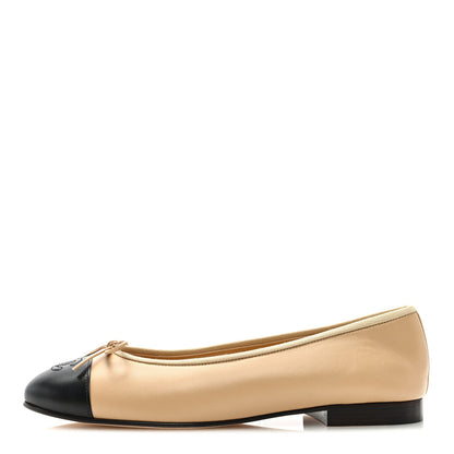 Chanel Lambskin Cap Toe CC Ballerina Flats 38.5 Beige Black 1 of 8