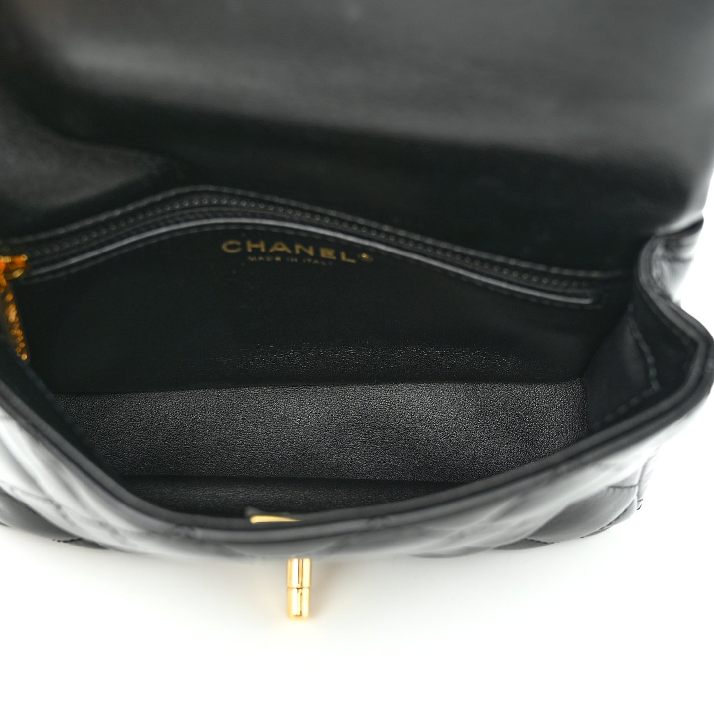 Shiny Lambskin Quilted Golden Links Top Handle Flap Black