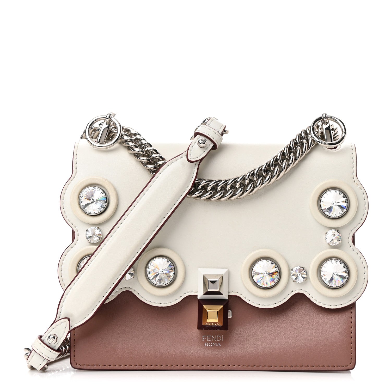 Fendi Calfskin Crystal Studded Small Kan I Shoulder Bag English Rose White 1 of 10