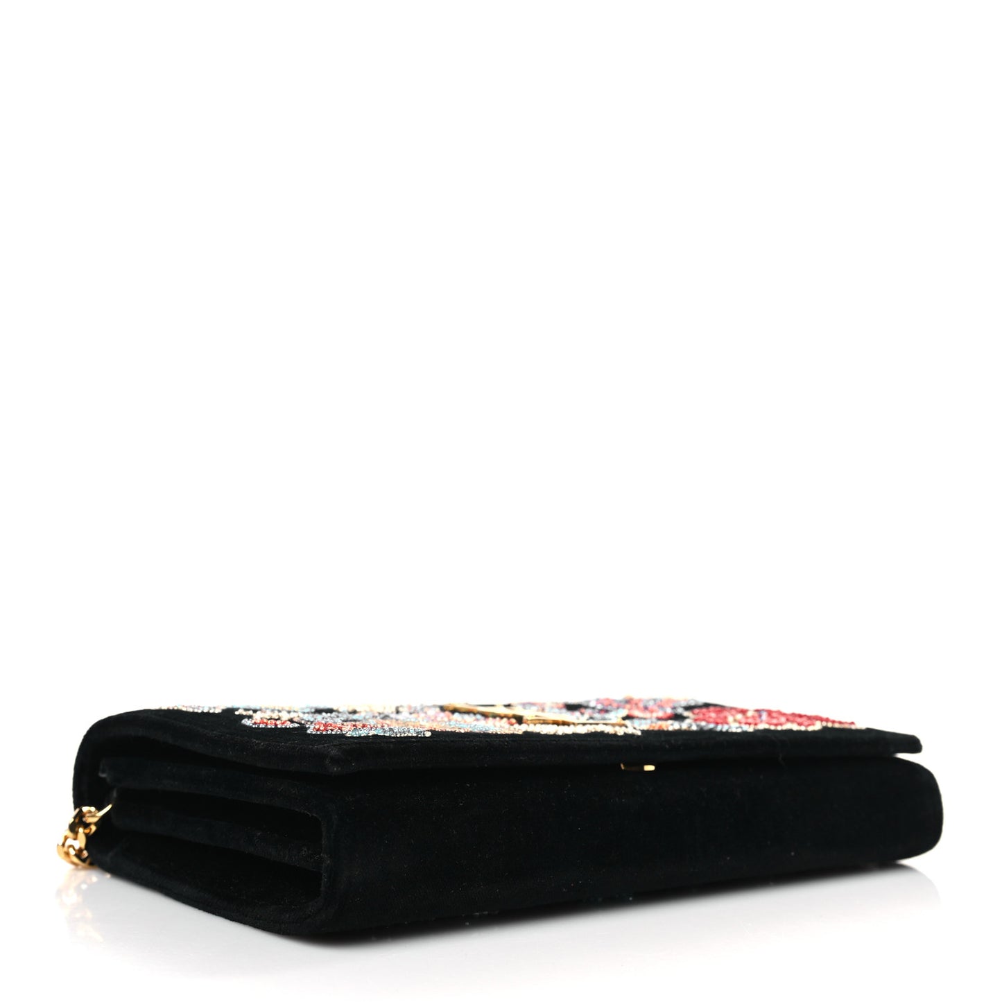 Suede Embroidered Birds Monogram Chain Wallet Black