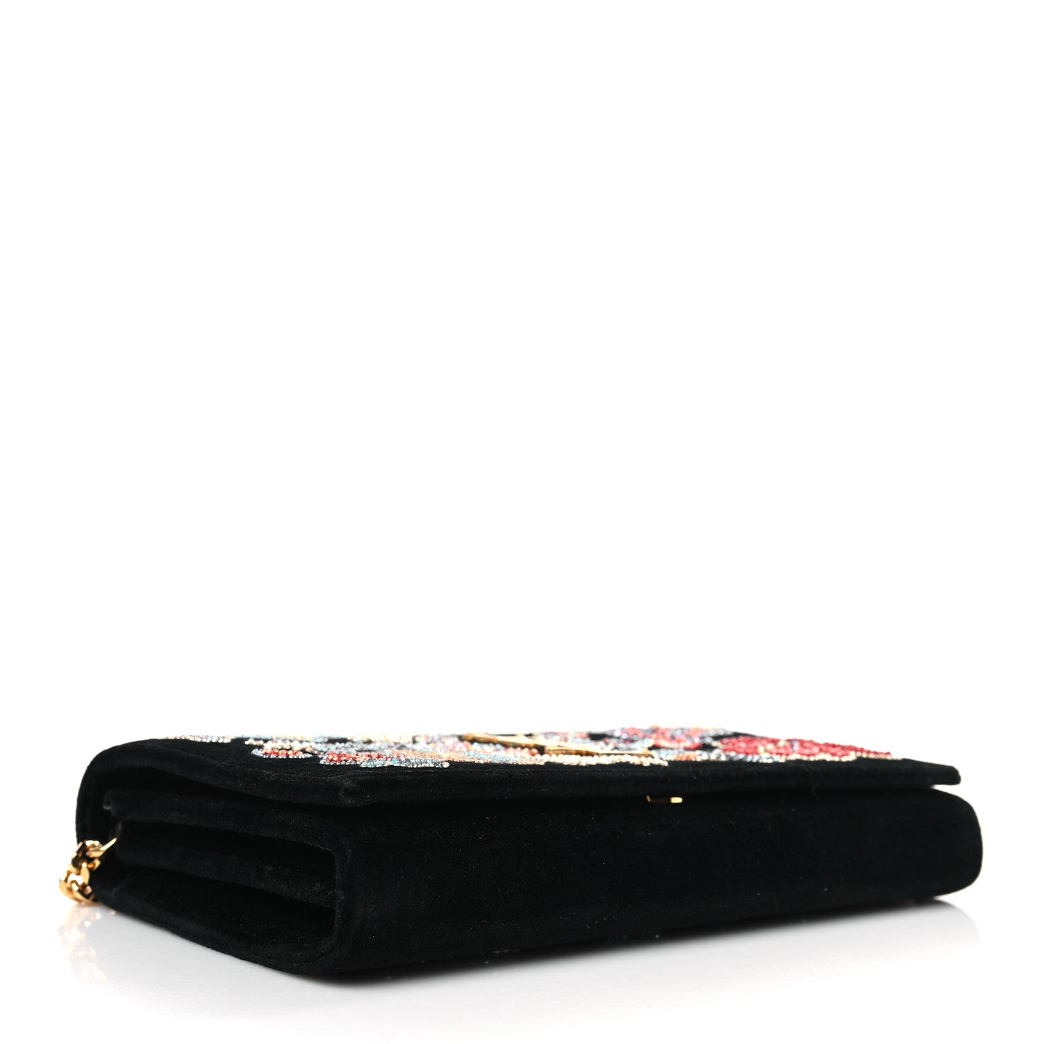 Saint Laurent Suede Embroidered Birds Monogram Chain Wallet Black 4 of 9