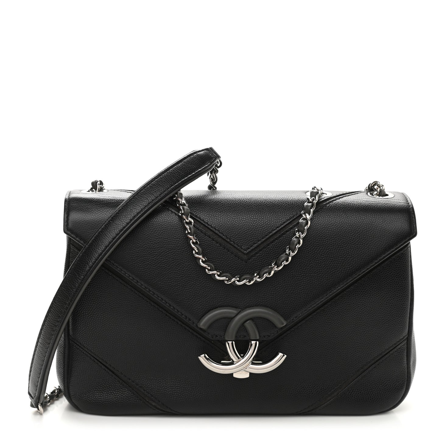 Caviar Macro Chevron Single Flap Black