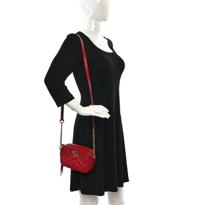 Gucci Calfskin Matelasse Mini GG Marmont Chain Shoulder Bag Hibiscus Red 3 of 9
