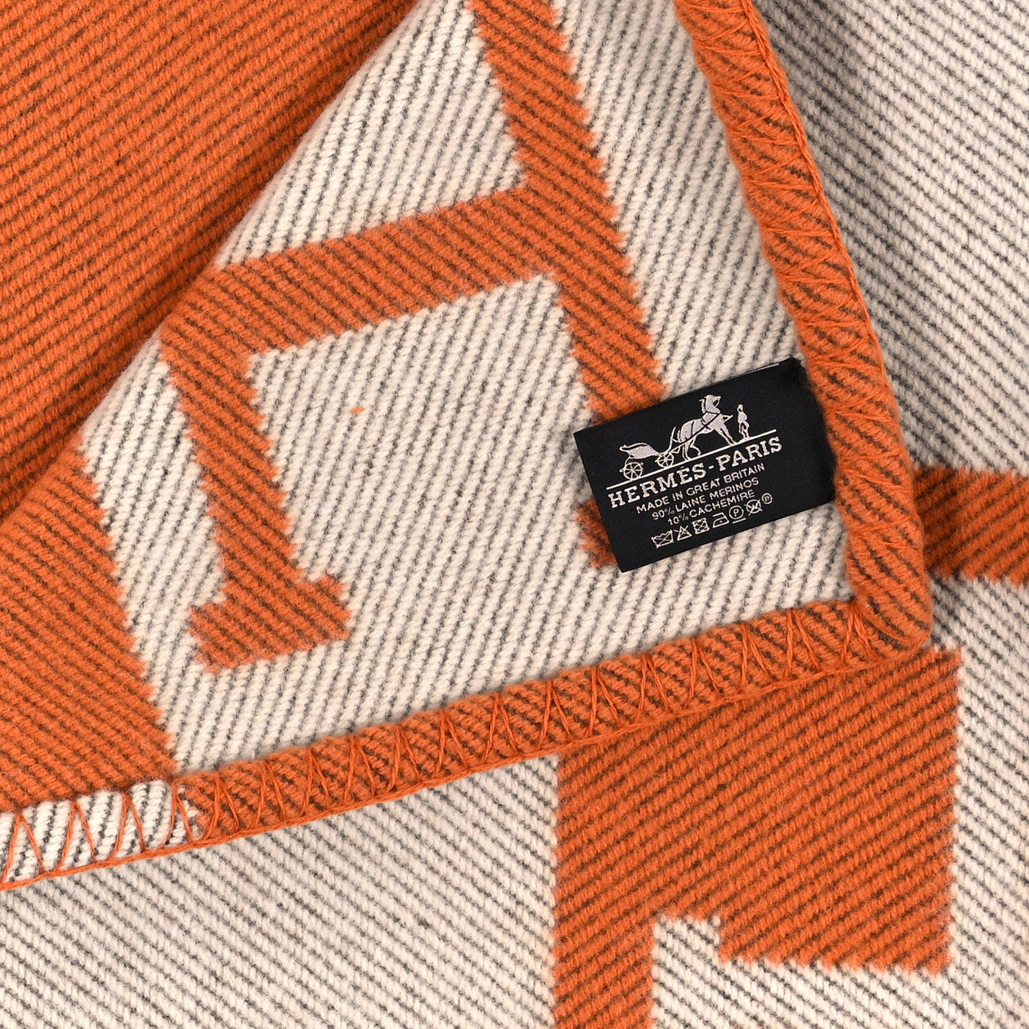 Hermes Wool Cashmere Signature Classic Avalon Blanket Ecru Potiron 3 of 3