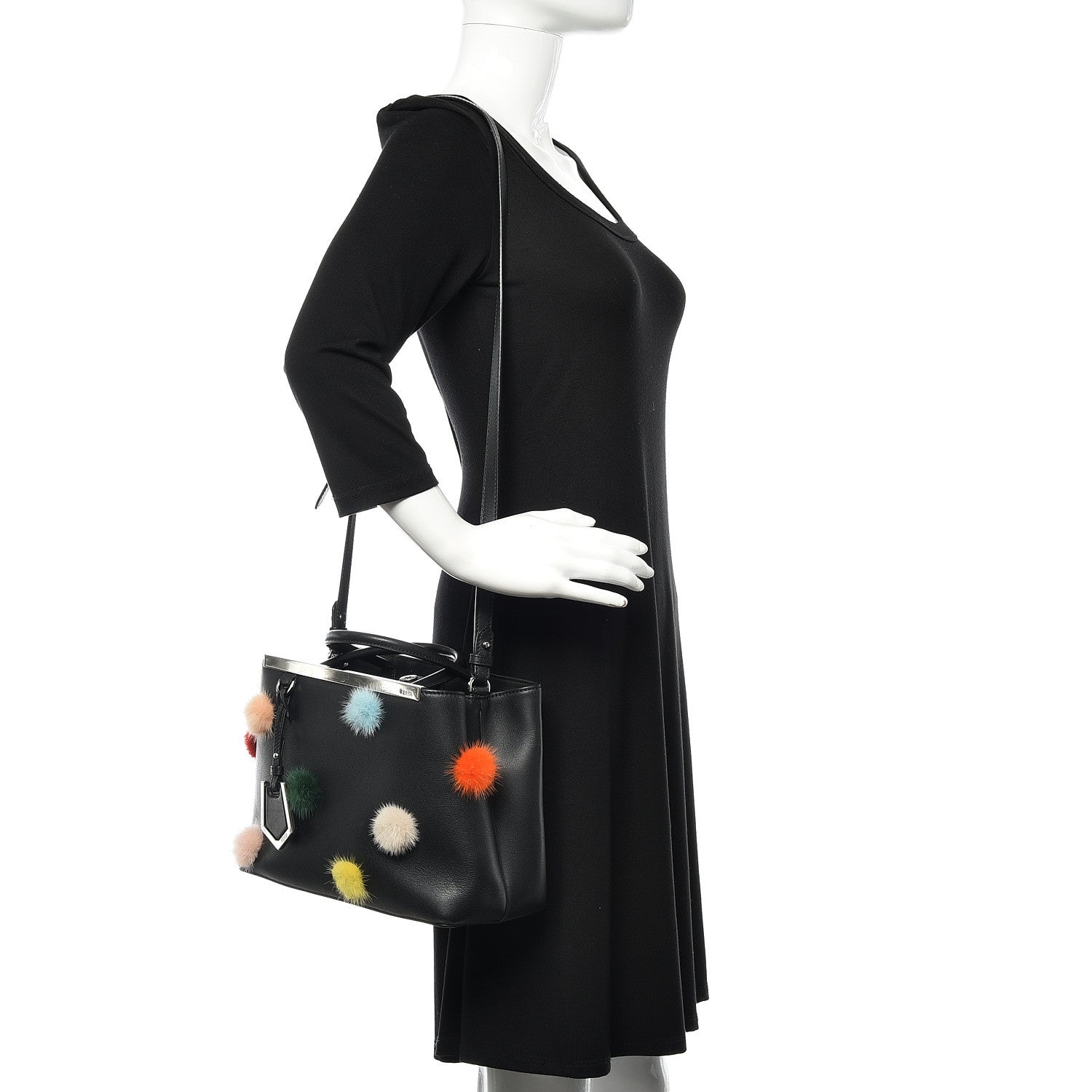 Fendi Vitello Dolce Mink Fur Pom Pom Petite 2Jours Tote Black Multicolor 2 of 10