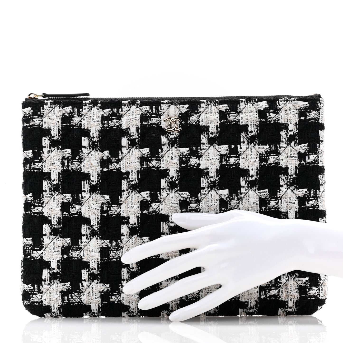 Tweed Quilted Medium Cosmetic Pouch Black Ecru White
