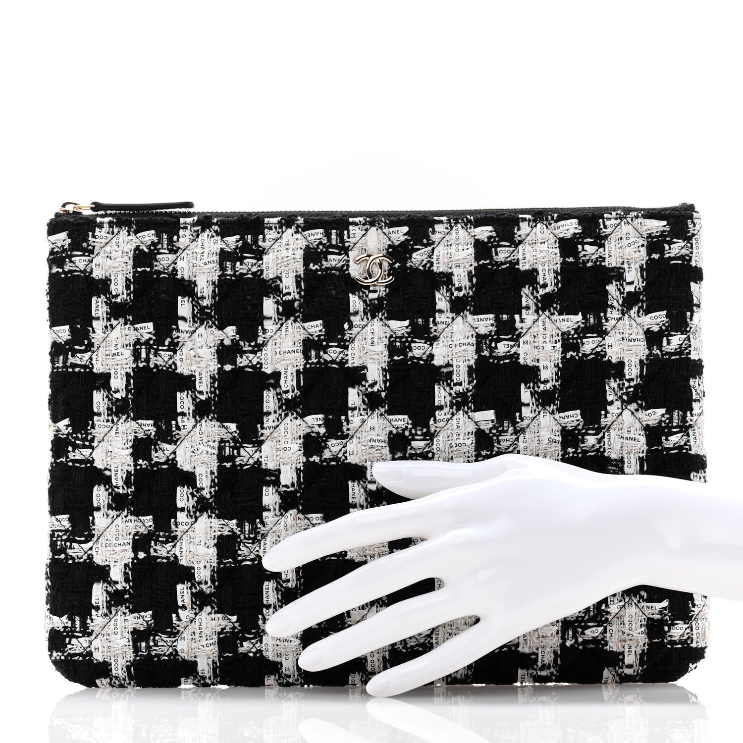 Chanel Tweed Quilted Medium Cosmetic Pouch Black Ecru White 2 of 7
