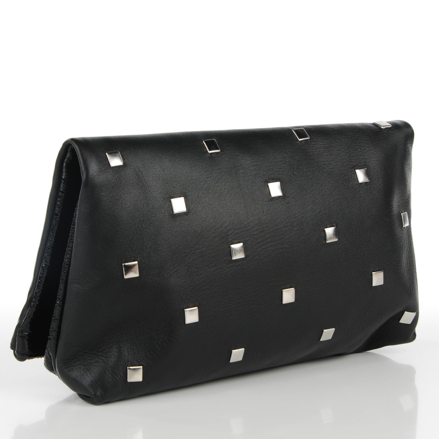 Lambskin Studded Patent Foldover Clutch Black
