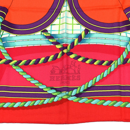 Hermes Cashmere Silk Grande Tenue Shawl 140 Vermillon Orange Turquoise 2 of 5