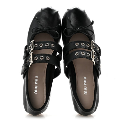 Miu Miu Nappa Vitello Nevada Double Buckle Ballerina Flats 36 Black 2 of 9