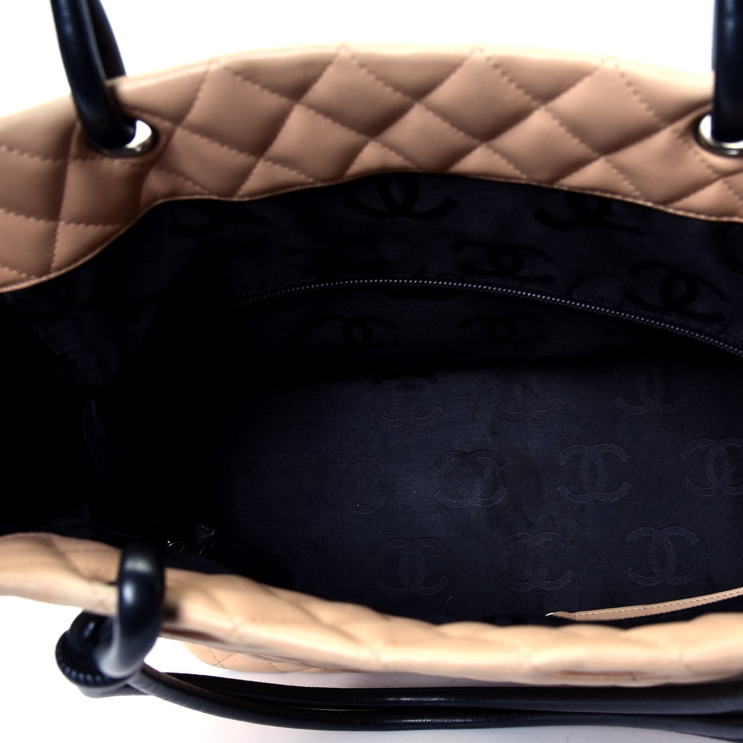 Calfskin Quilted Large Cambon Tote Beige Black