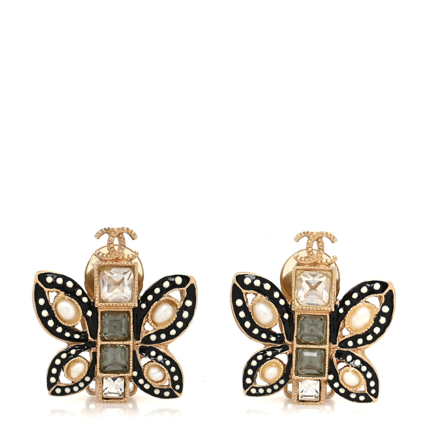 Crystal Pearl CC Butterfly Clip On Earrings Gold