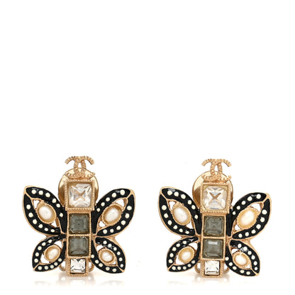 Chanel Crystal Pearl CC Butterfly Clip On Earrings Gold 1 of 5