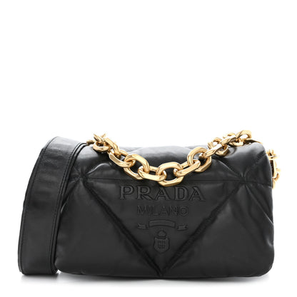 Prada Nappa Soft Padded Logo Embossed Triangle Quilted Small Shoulder Bag Black 1 of 10