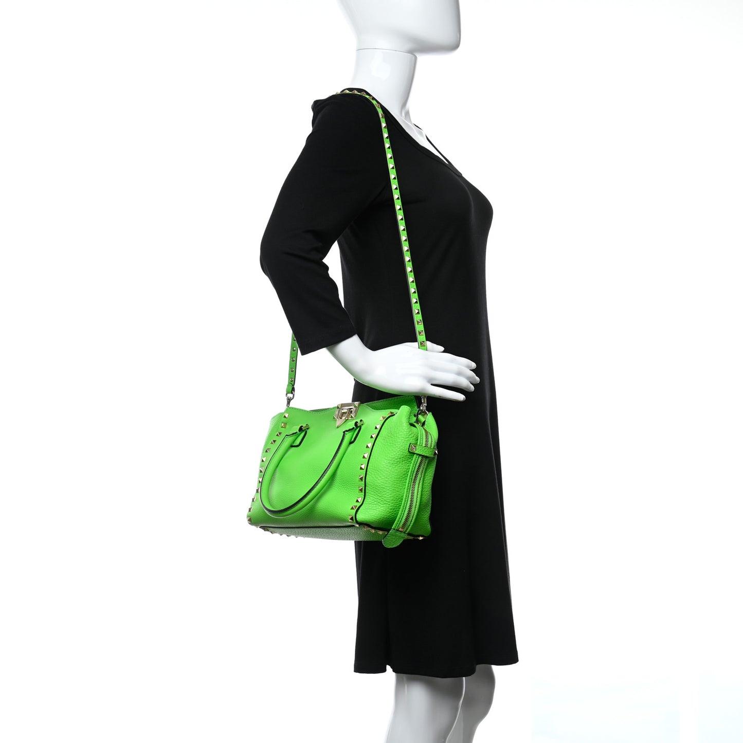 Pebbled Calfskin Small Rockstud Double Handle Tote Green Fluo