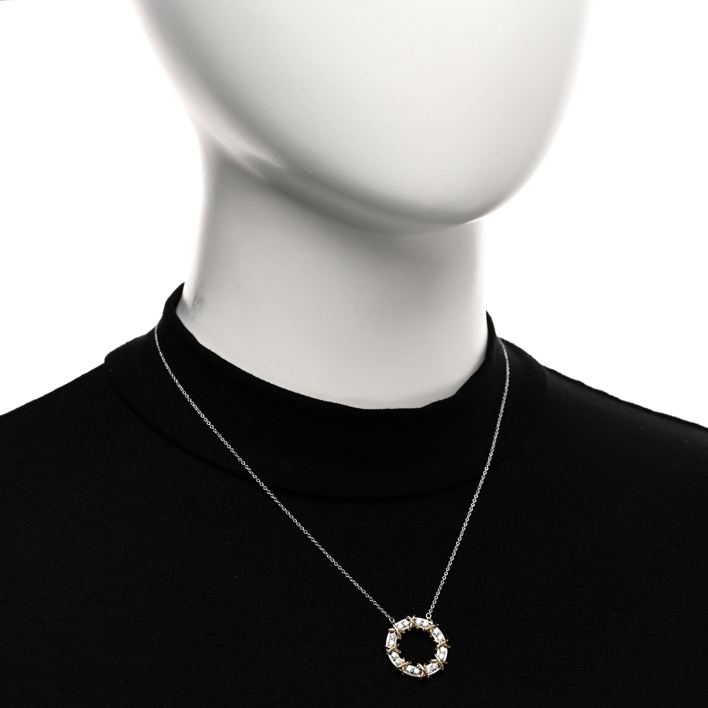 18K Yellow Gold Platinum Diamond Schlumberger Sixteen Stone Circle Pendant Necklace