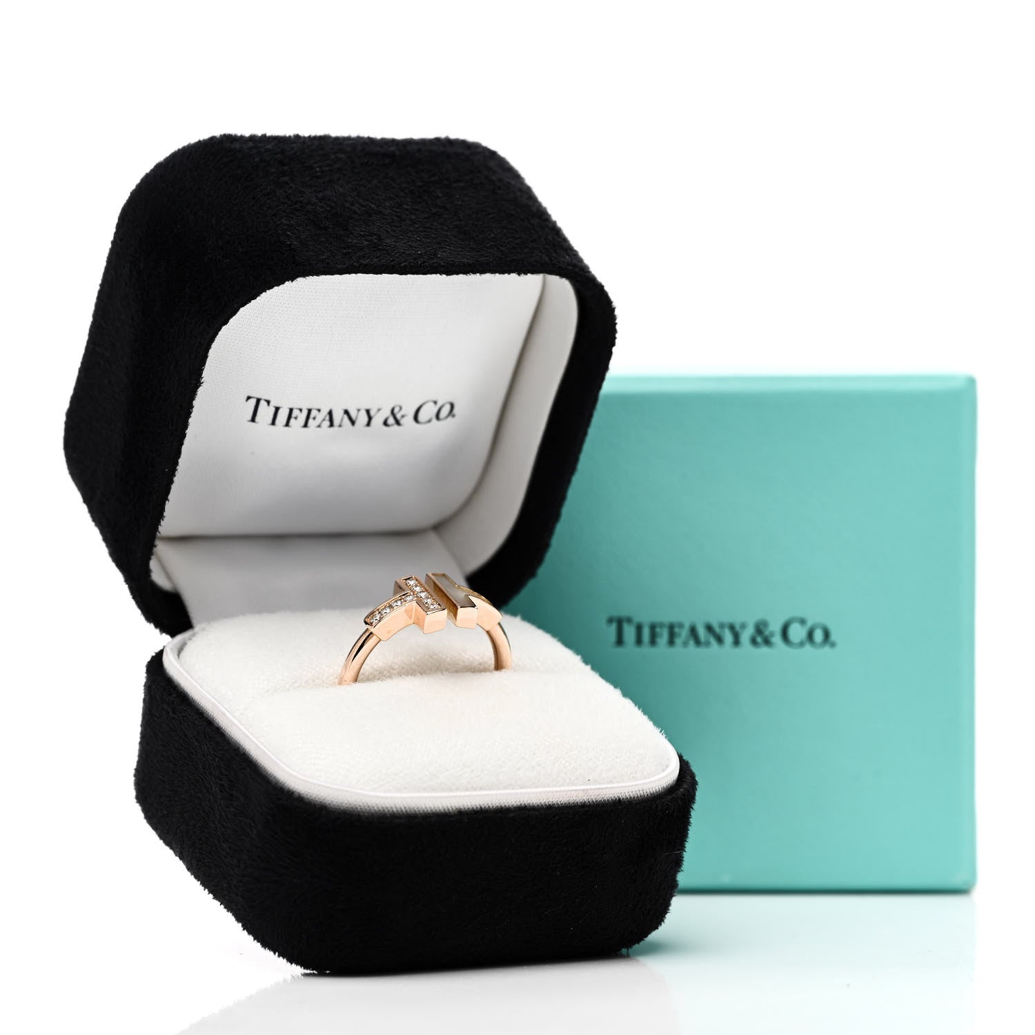 Tiffany 18K Rose Gold Diamond Mother of Pearl T Wire Ring 52 6 5 of 5