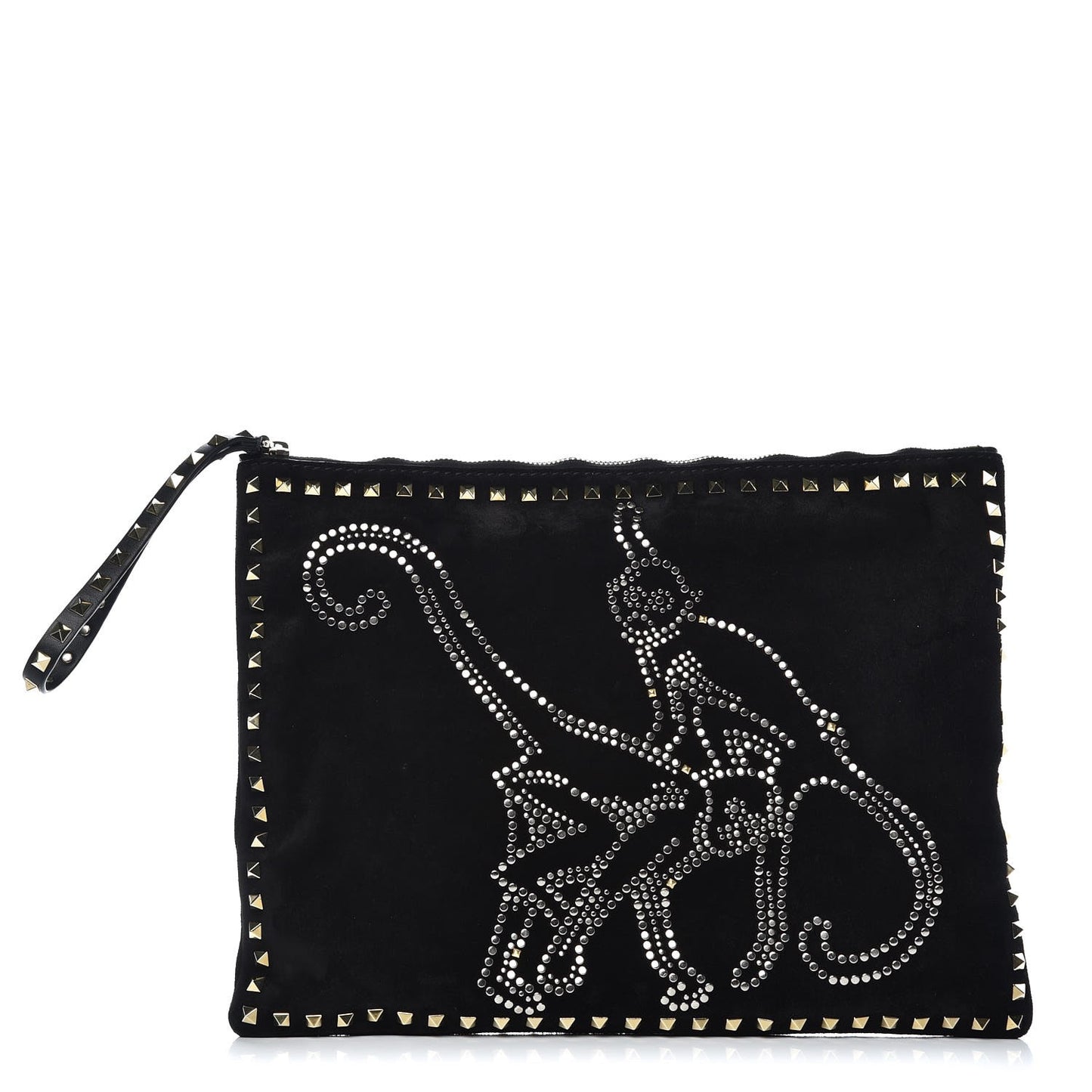 Suede Monkey Studded Rockstud Zip Wristlet Pouch Black