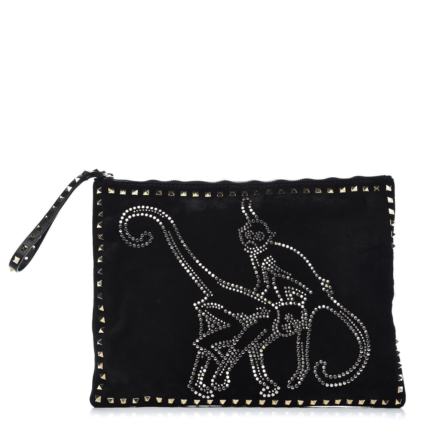 Valentino Garavani Suede Monkey Studded Rockstud Zip Wristlet Pouch Black 1 of 8