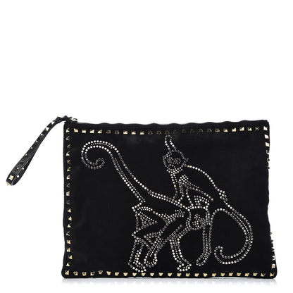 Valentino Garavani Suede Monkey Studded Rockstud Zip Wristlet Pouch Black 1 of 8