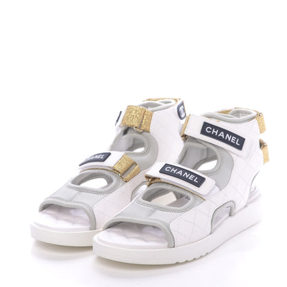 Chanel Goatskin Fabric Gladiator Sandals 39.5 White Light Grey Navy Blue 2 of 11
