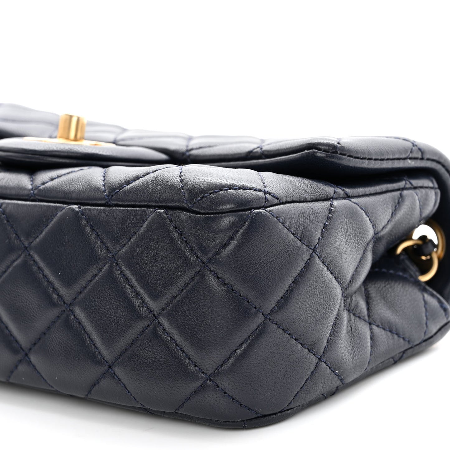 Lambskin Quilted Mini Pearl Crush Rectangular Flap Navy Blue