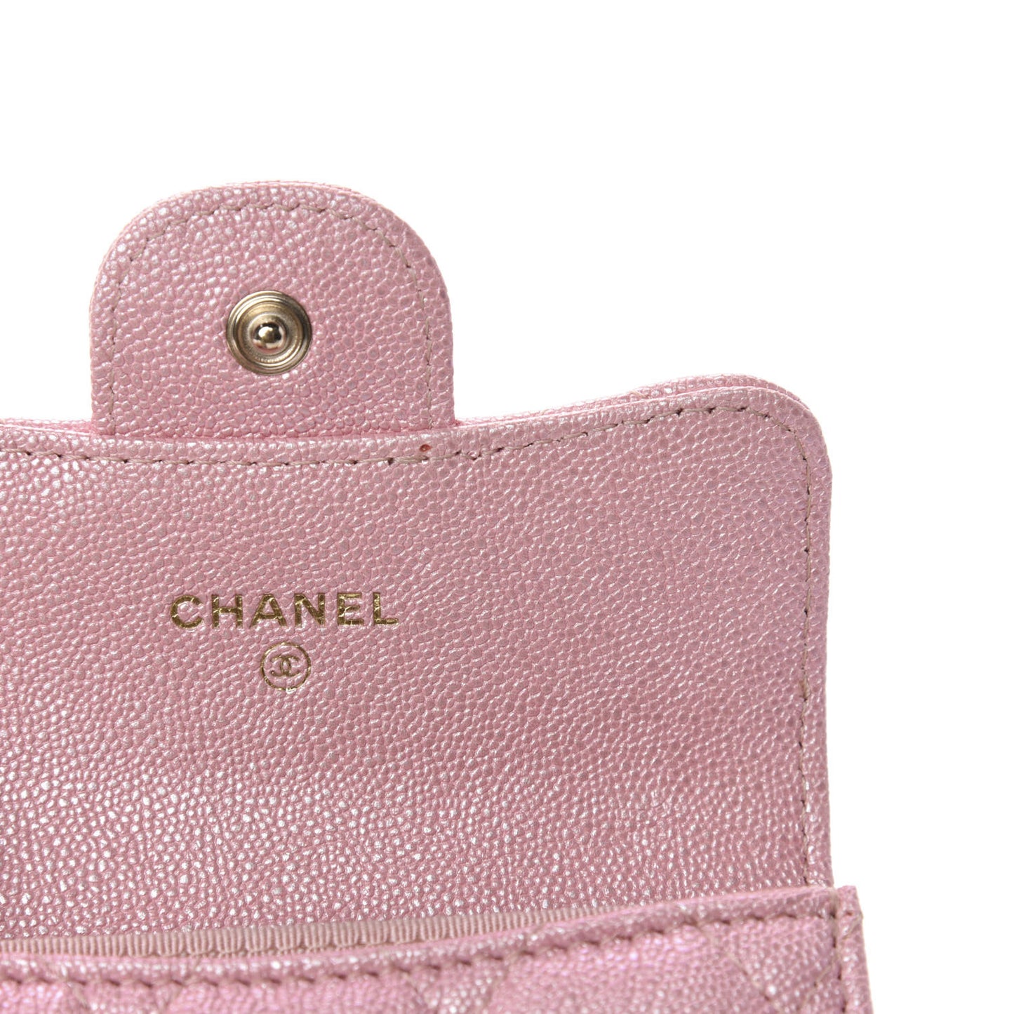 Iridescent Caviar Flap Quilted Card Holder Wallet Pink