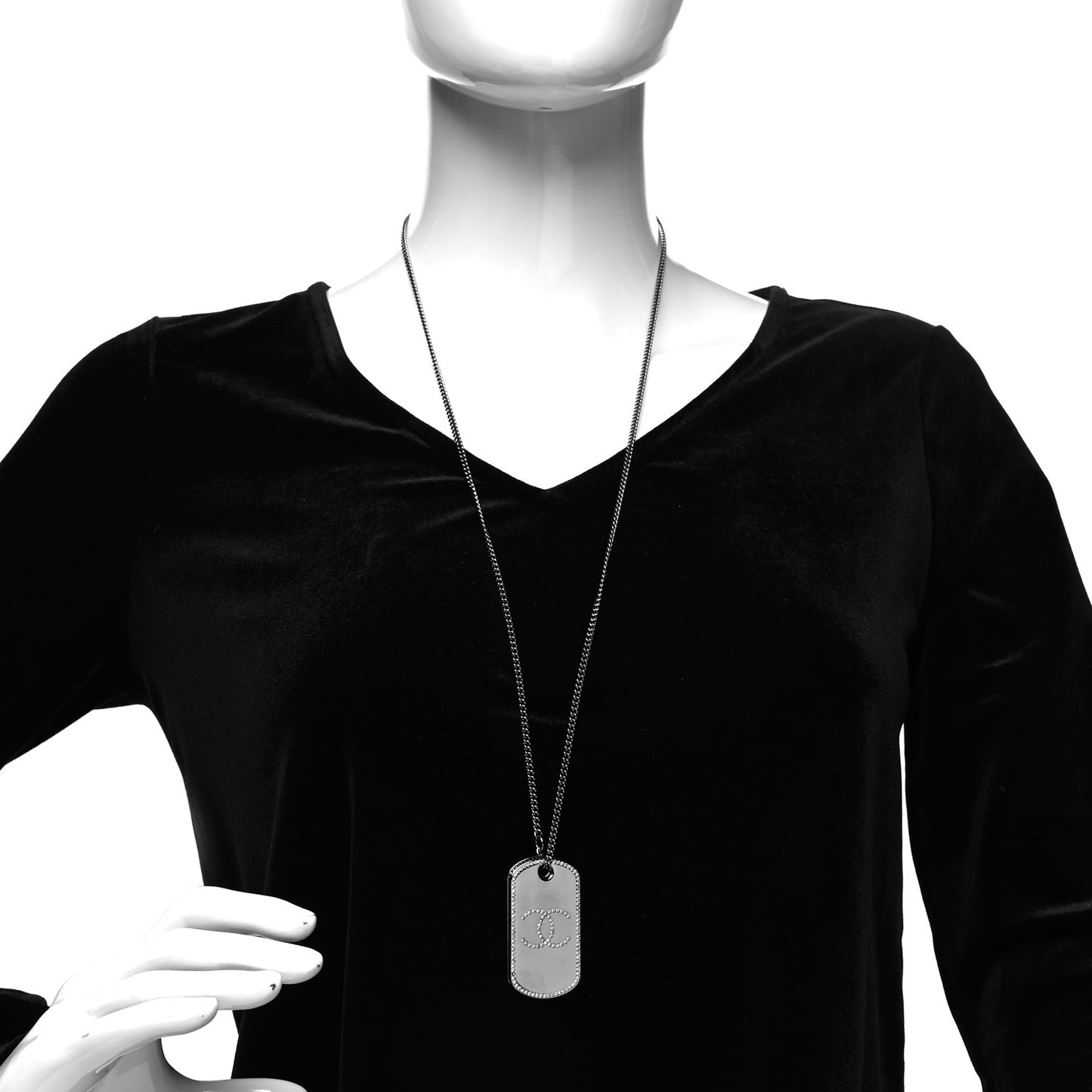 Metal Crystal Ruthenium Dog Tag Charm Necklace Silver