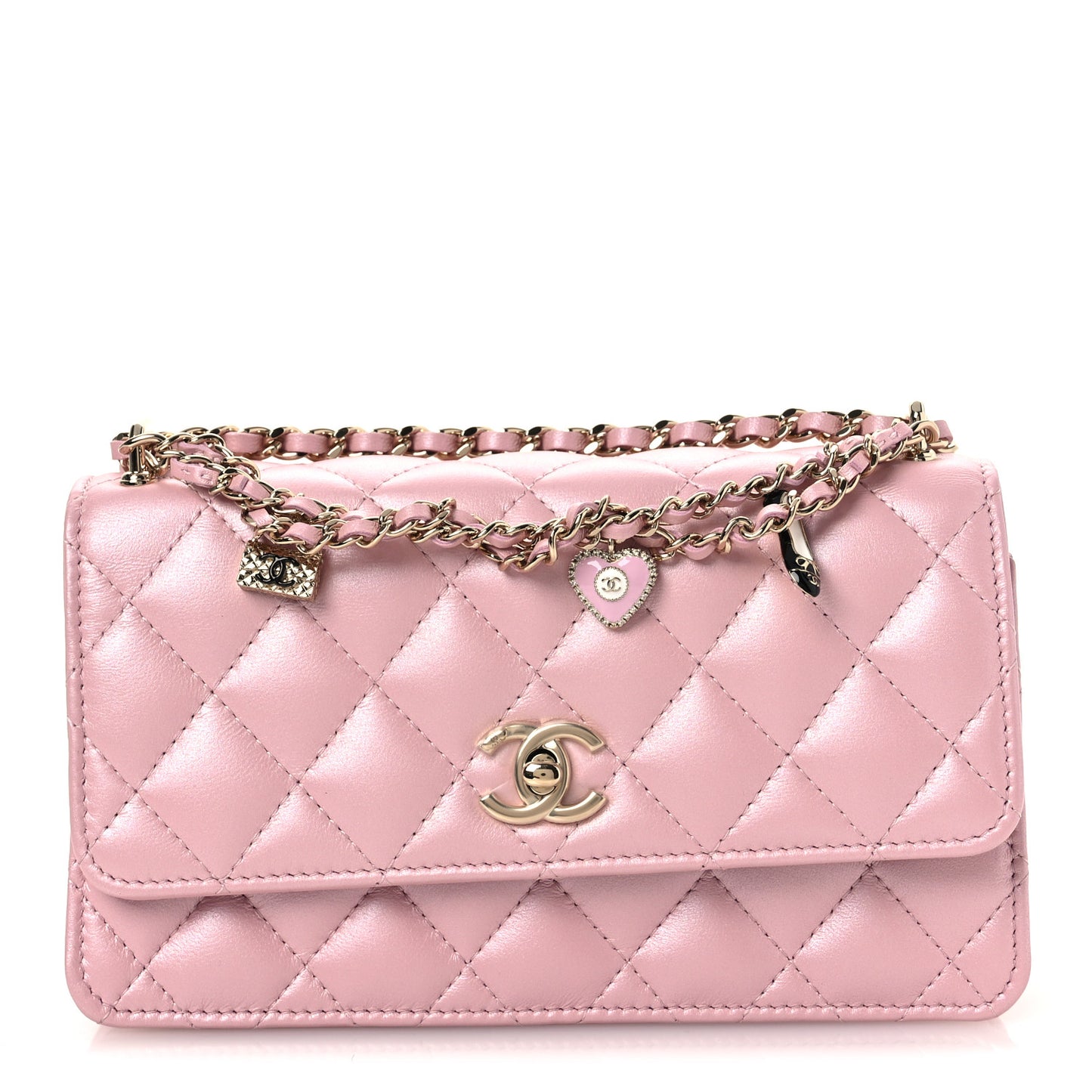Pearly Lambskin Quilted Charms Wallet On Chain WOC Light Pink