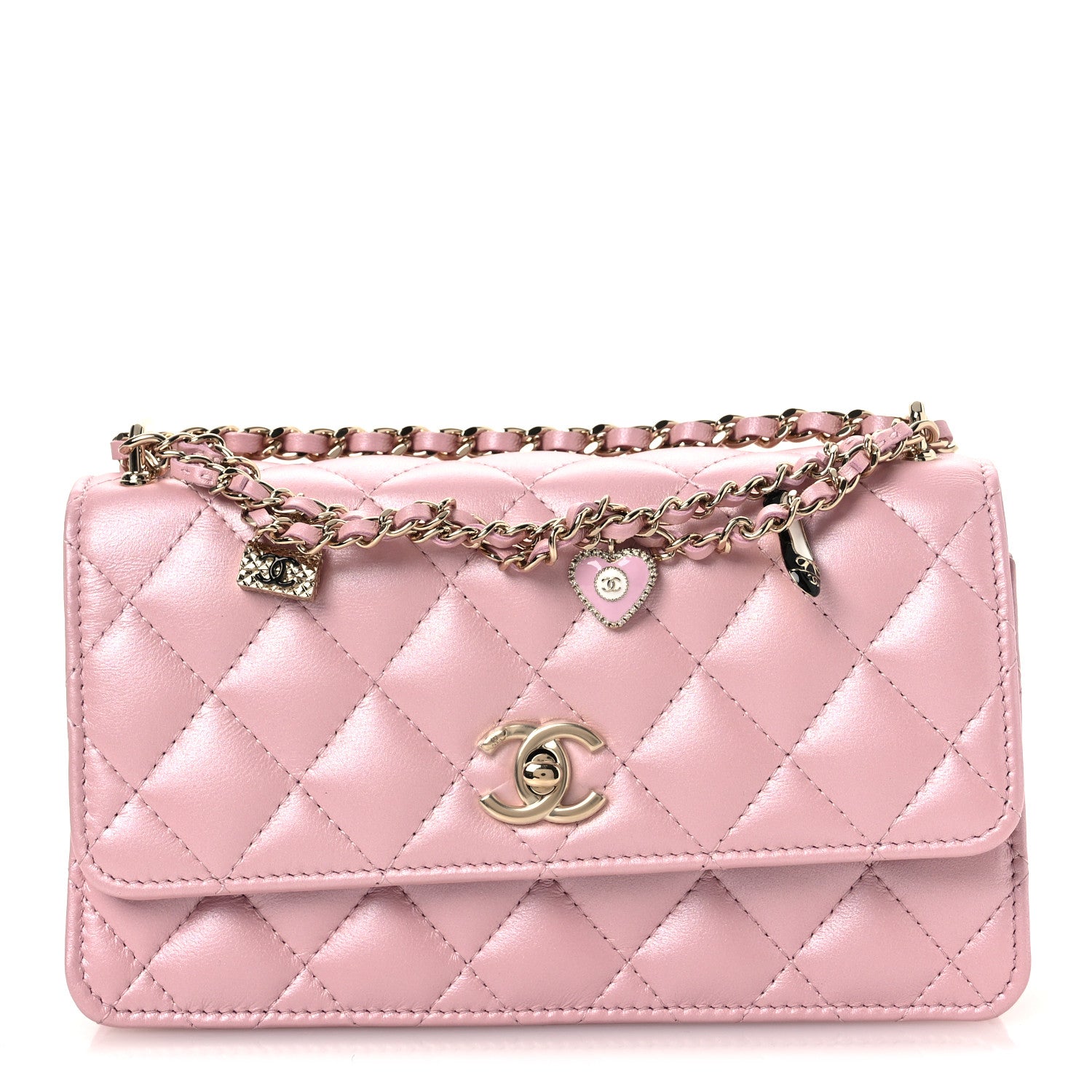 Chanel Pearly Lambskin Quilted Charms Wallet On Chain WOC Light Pink 1 of 12