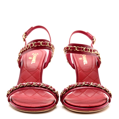 Chanel Crumpled Calfskin Quilted Chain Strap Sandals 37.5 Red 2 of 9