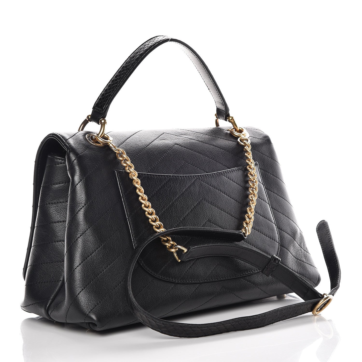 Chanel Grained Calfskin Elaphe Stitched Medium Chevron Chic Top Handle Flap Black 3 of 13