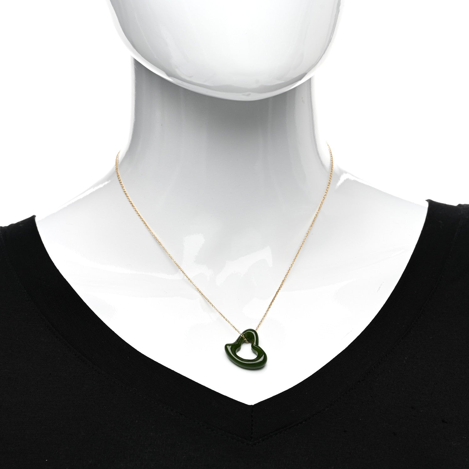 Tiffany 18K Yellow Gold Jade 23mm Elsa Peretti Open Heart Pendant Necklace 2 of 4