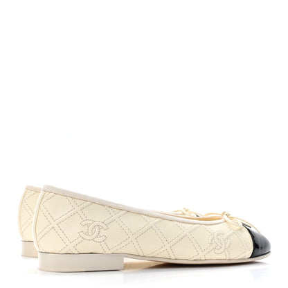 Chanel Lambskin Patent Double Stitched CC Cap Toe Ballerina Flats 36 Ivory Black 4 of 9