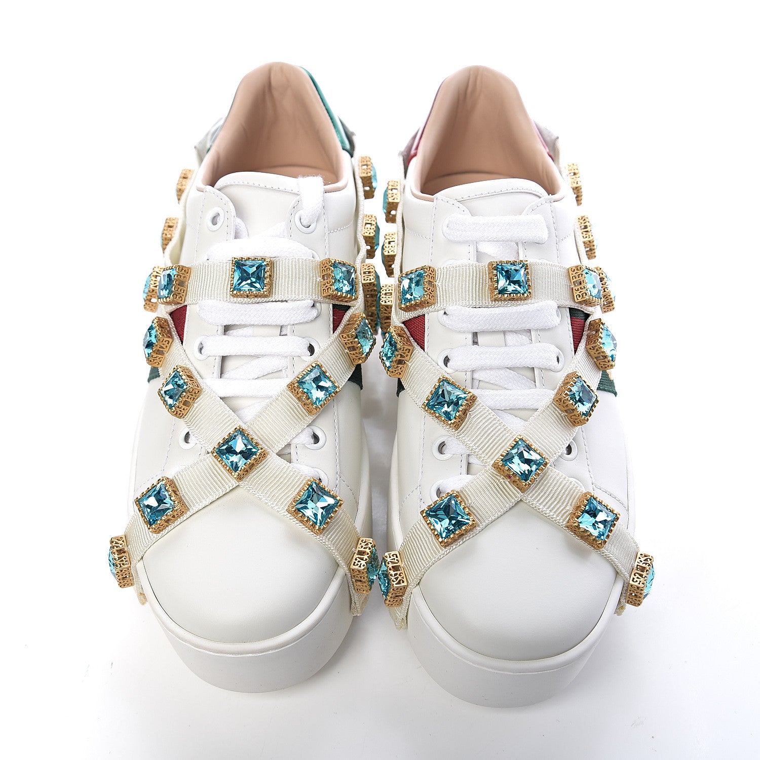 Gucci Calfskin Removable Crystals Bee Embroidered Ace Platform Sneakers 37.5 White 6 of 11