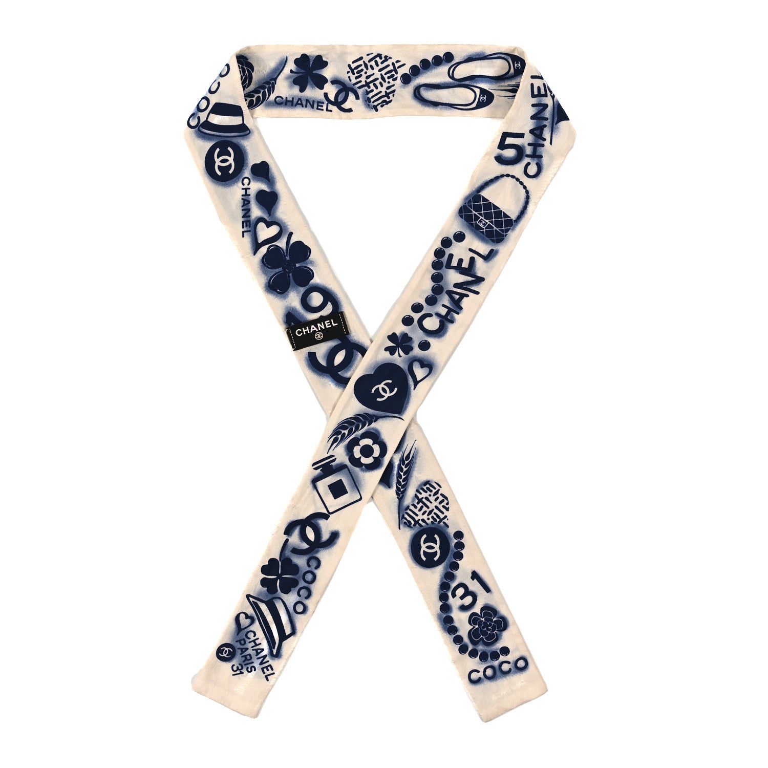 Chanel Silk CC Slim Bandeau Scarf White Blue 1 of 3