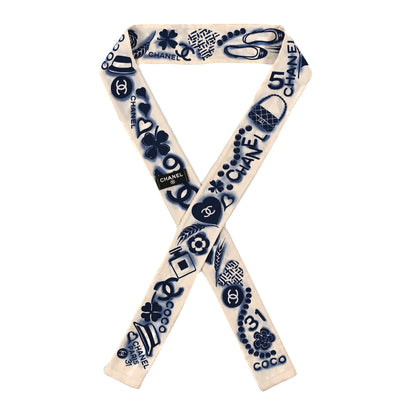 Chanel Silk CC Slim Bandeau Scarf White Blue 1 of 3